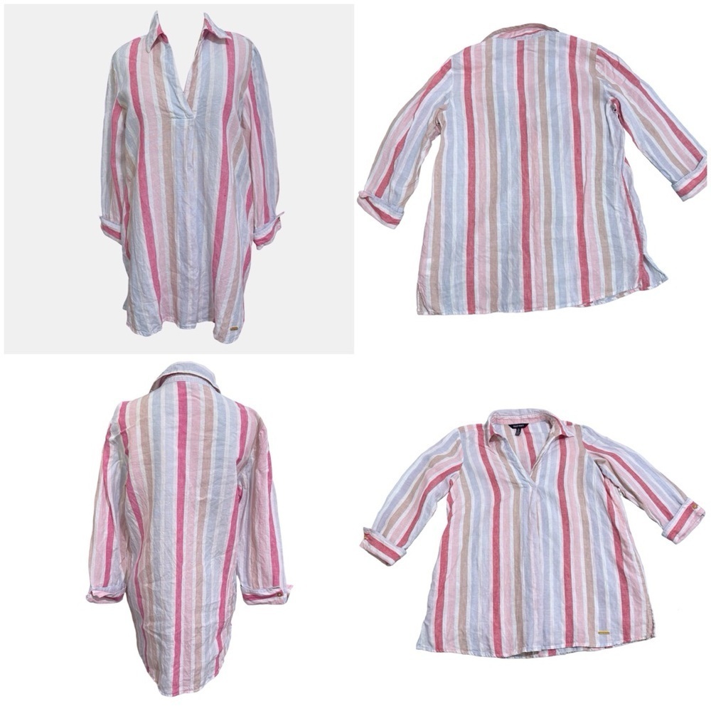 Ellen Tracy Striped 100% Linen Tunic Size Medium Collar V-Neck